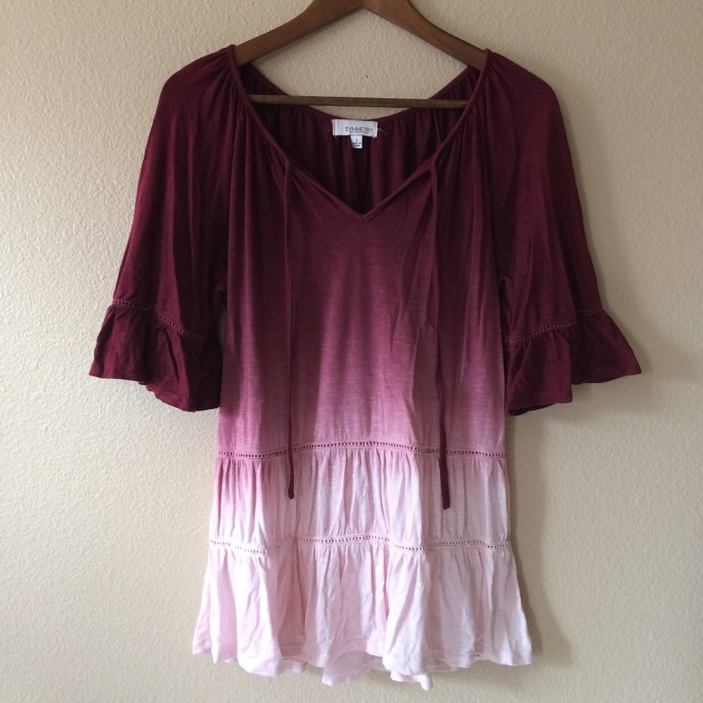 Pink Burgundy Peasant Top S Tiered Boho Top Tie Blouse Symmetry